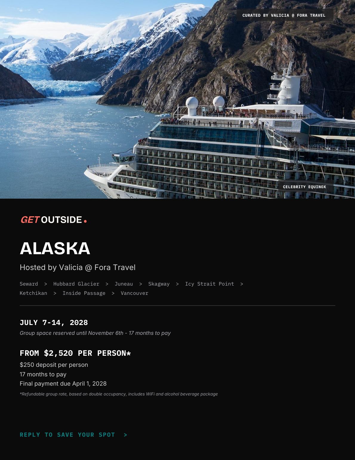 Page 1: Alaska, hosted cruise on Celebrity Equinox, July 7 to 14, 2028, from $2,520 per person