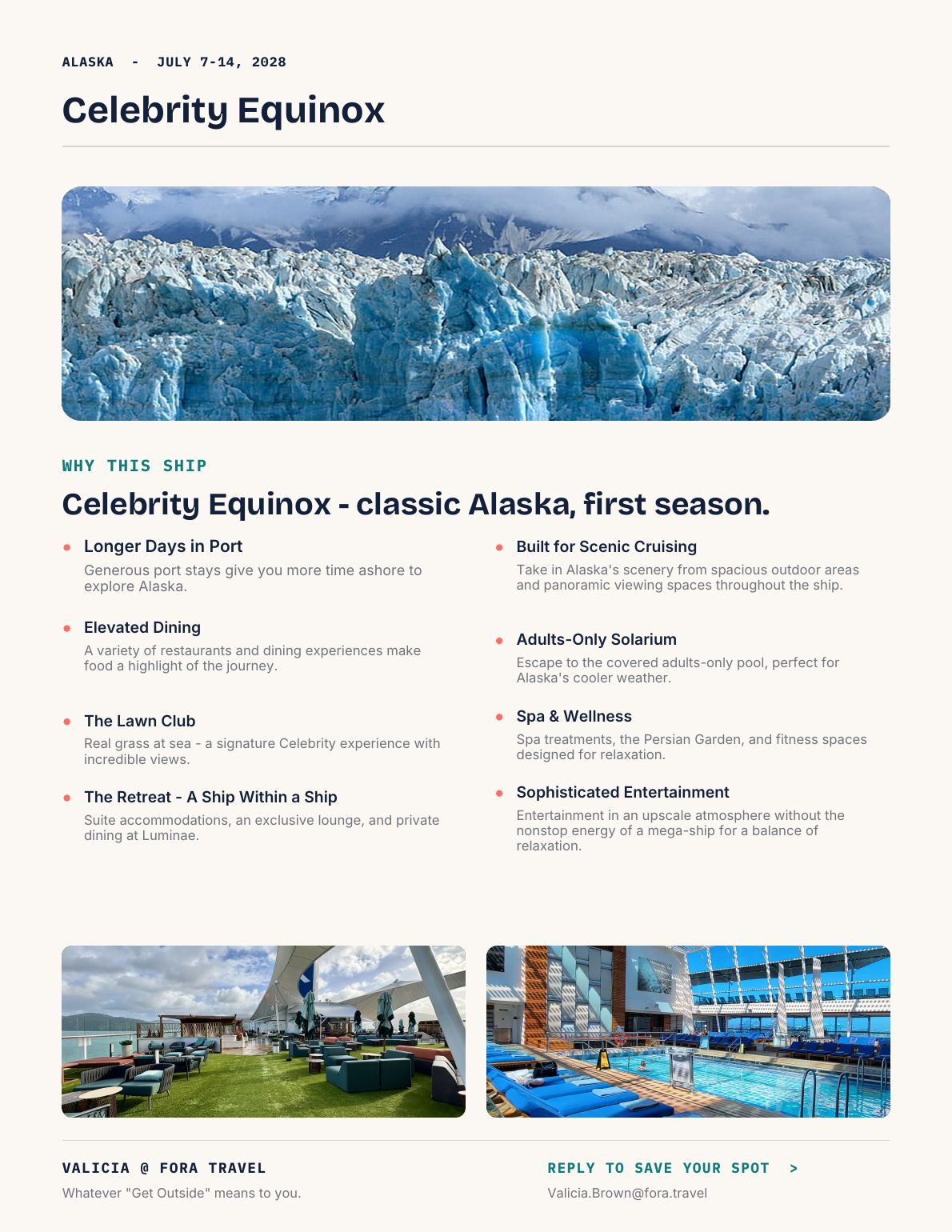 Page 3: why Celebrity Equinox, with ship highlights like the Lawn Club and Solarium
