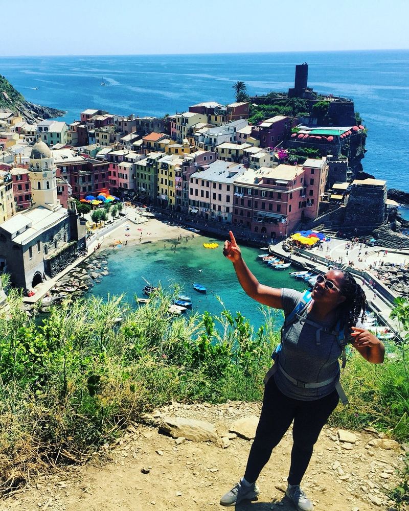 Valicia on a hiking trail above Vernazza's colorful harbor